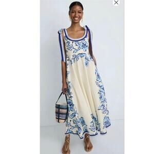 ASTON STUDIO Blue White Elodie Garden Floral Linen/Cotton Scoop Neck Dress sz 2